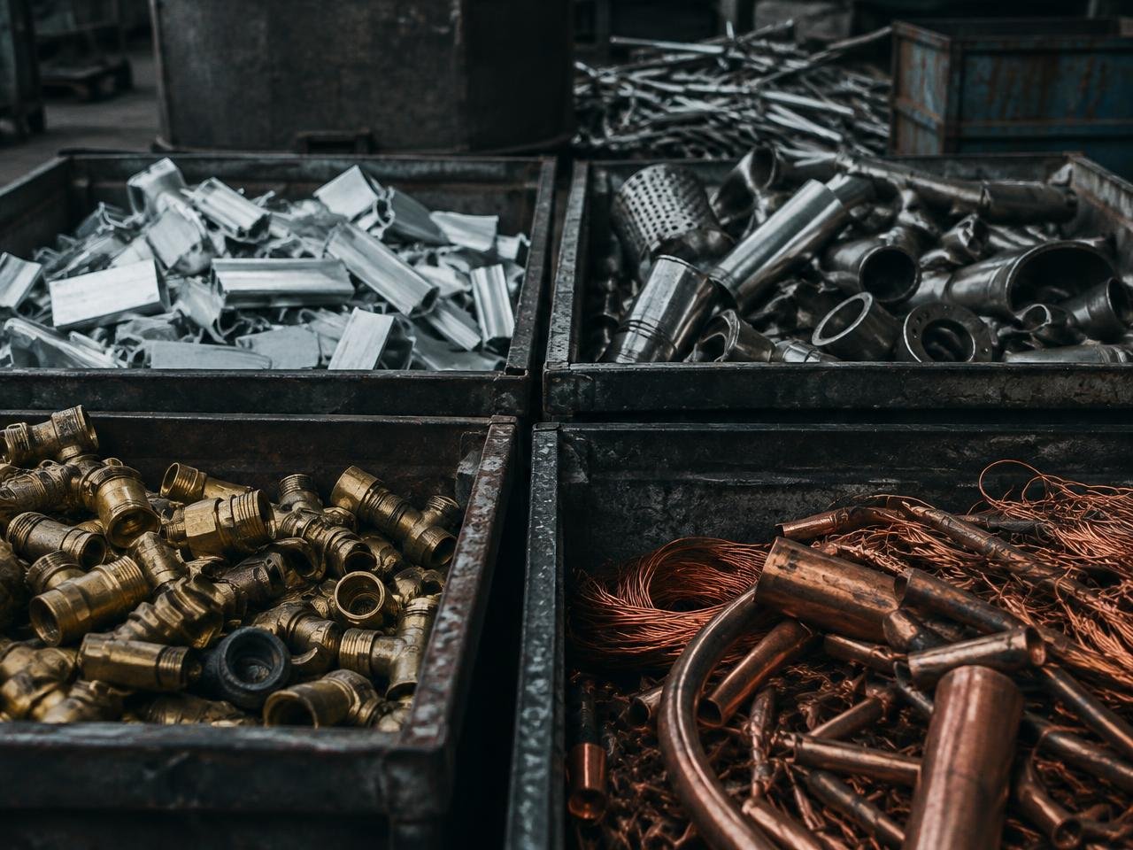 Sorted bins of brass, aluminium, stainless and copper scrap